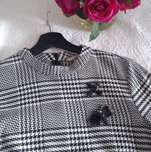 H&M Dress with Stand-up Collar Black/houndstooth-patterned
